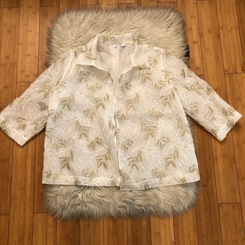 Chico’s Sheer Metallic Eyelet Embroidered White Gold Leaf Jacket size 3 XL
